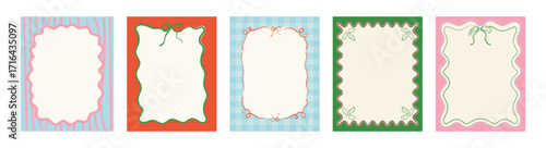 Set of doodle hand drawn  Xmas frames with  ribbon and bows, lights garlands. Hand drawn la dolce vita Christmas doodles.Minimalist line art. Trendy borders for holiday poster, christmas invitation, g