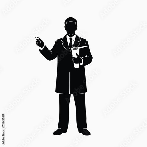 Silhouette of a professional man in suit holding rolled papers and pointing with finger in confident stance