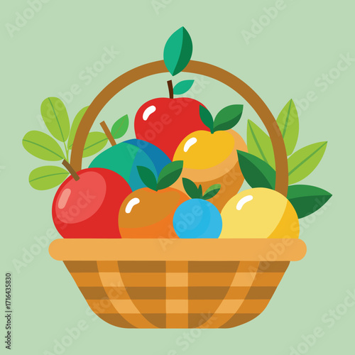 Vibrant illustration of a bountiful fruit basket overflowing with fresh colorful produce