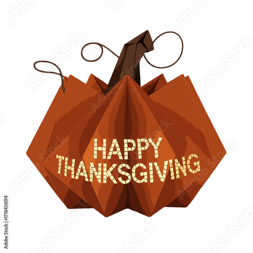 Decorative accordion fold pumpkin with happy thanksgiving message isolated on white background