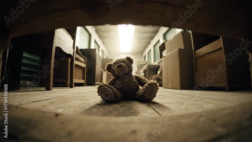 a lone forgotten teddy bear in dark storage
