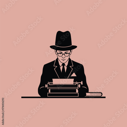 Silhouette of a man wearing a hat and glasses typing on a vintage typewriter with a book on the side