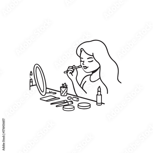 Black and white line art of a beautiful woman doing makeup at dressing table with mirror illustration
