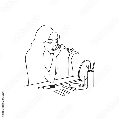 Black and white line art of a beautiful woman doing makeup at dressing table with mirror illustration