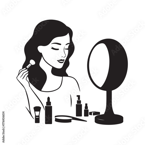 Black and white line art of a beautiful woman doing makeup at dressing table with mirror illustration
