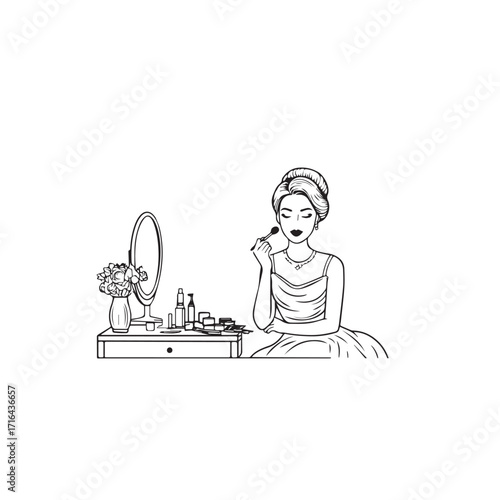 Black and white line art of a beautiful woman doing makeup at dressing table with mirror illustration