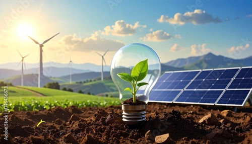 Eco light bulb with sprout inside next to solar panel and wind turbines in distance