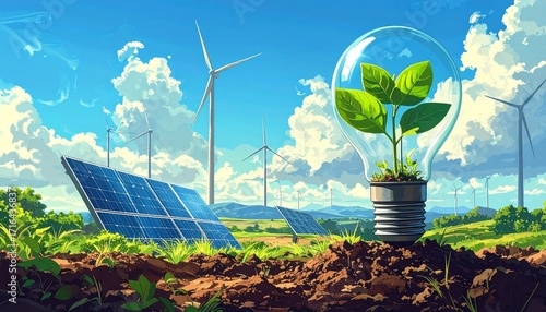 Solar panel and light bulb with plant inside against clear sky and wind turbines