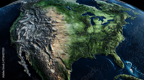 3D topographical map of the United States showing mountains plains and coastlines