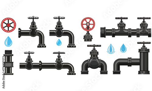 Water Pipes, Valves & Plumbing System Icons