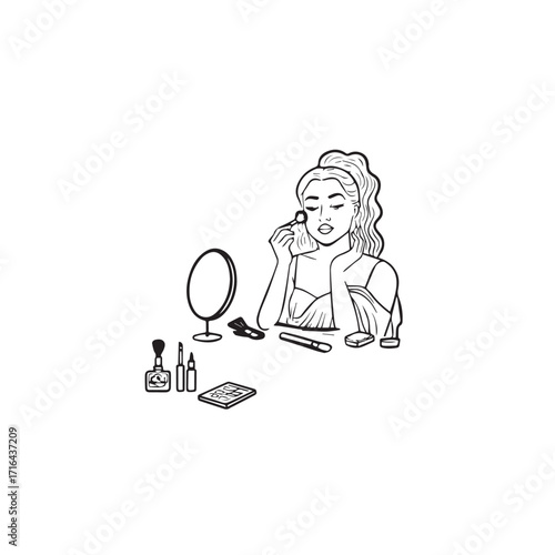 Black and white line art of a beautiful woman doing makeup at dressing table with mirror illustration