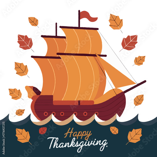 Thanksgiving sailing ship with autumn leaves isolated on white background