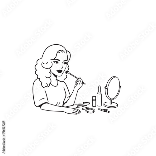 Black and white line art of a beautiful woman doing makeup at dressing table with mirror illustration