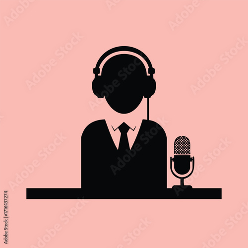Silhouette of a person wearing headphones and speaking into a microphone on a solid pink background