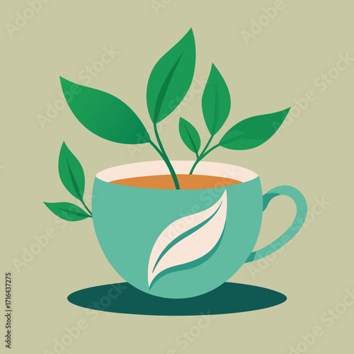 Whimsical illustration of a steaming tea cup with delicate green leaves and subtle floral elements