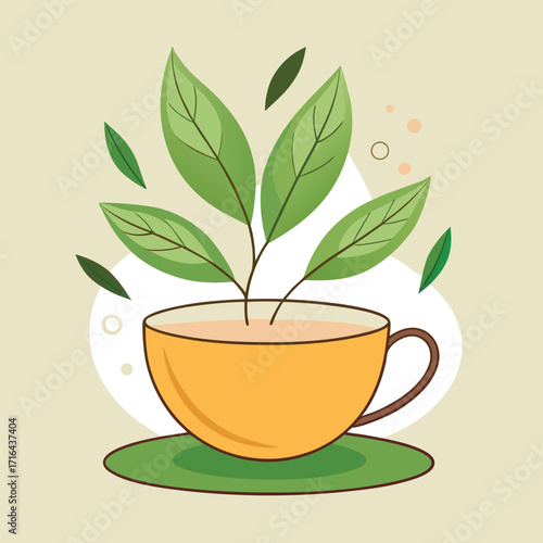 Whimsical tea cup with delicate green leaves perfect for beverage branding and organic themes