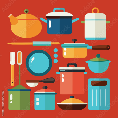 Collection of kitchen cooking pots and pans with handles and lids ready for culinary designs