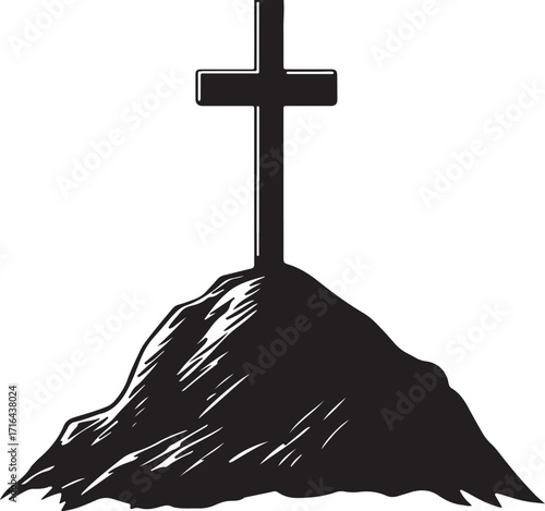 Christian Cross on Rock Silhouette on Transparent Background