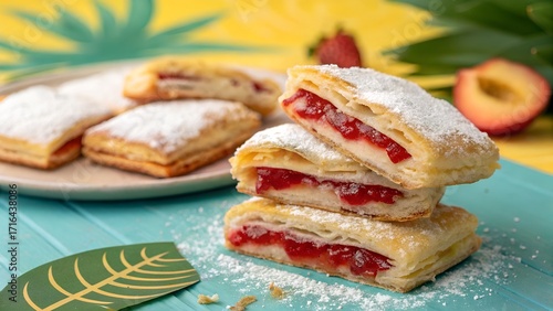 Cuban guava pastelitos flaky layers filled with red jam powdered sugar dust on top bright tropical background