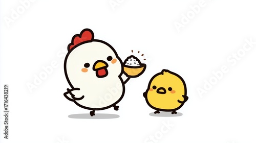 Cute Hen Feeding Rice to Chick, Kawaii Food Sharing Illustration