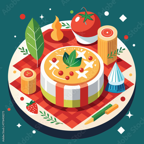 Elegant gourmet dish presentation with vibrant culinary elements and decorative accents