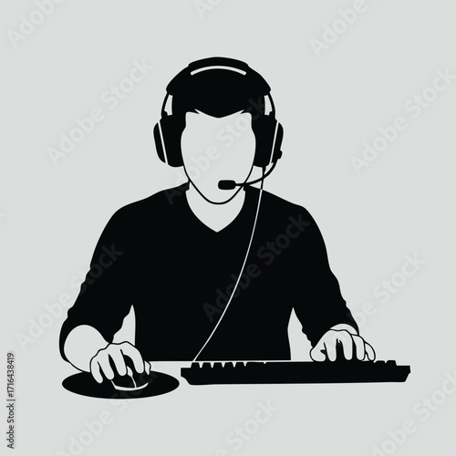 Silhouette of a person wearing a headset using a computer keyboard and mouse in a minimalistic style illustration