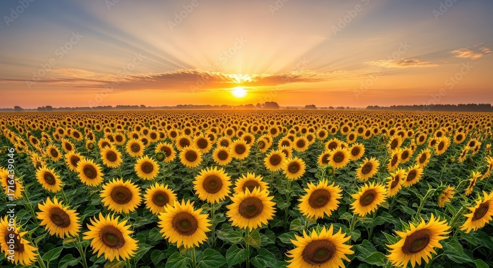 Obraz premium Golden Sunset Over Vibrant Sunflower Field.