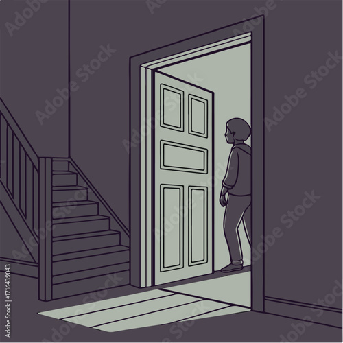 Person Entering a Room Through Open Door at Night