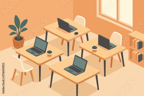 Coworking space interior with laptops and coffee cups