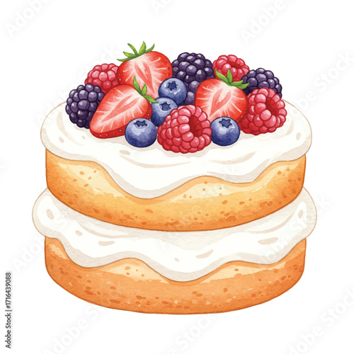 A beautiful watercolor illustration captures a delicious birthday cake generously adorned with vibrant fresh fruit topping, presented on a clean white background.