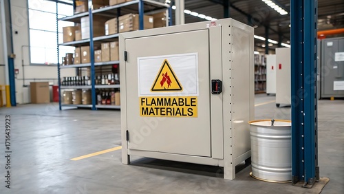 Flammable materials safety cabinet in a warehouse storage environment