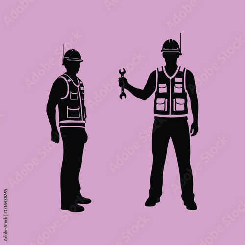 Silhouettes of two construction workers wearing safety helmets and vests, one holding a wrench against a purple background