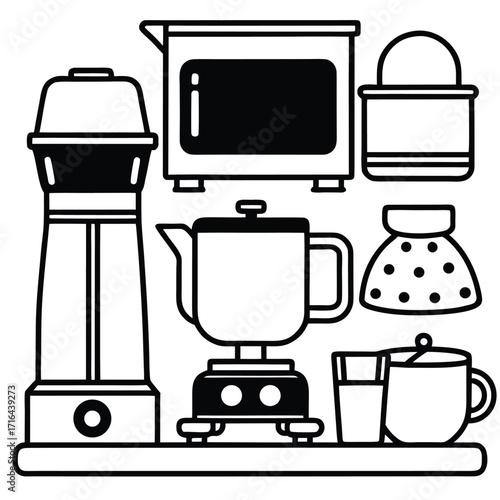 Collection of modern kitchen appliances icons and illustrations for culinary design projects