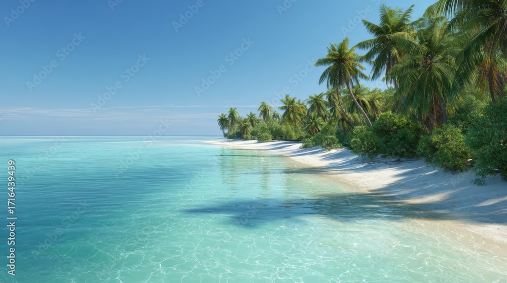 Fototapeta premium Tropical beach scene White sand turquoise water palm trees Clear blue sky