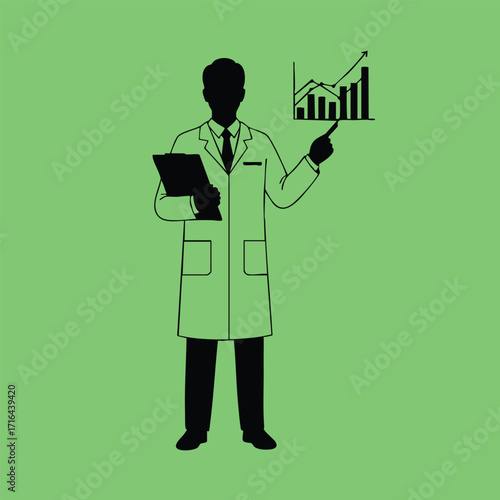 Silhouette of a professional person in a lab coat pointing at an upward trending bar graph with clipboard in hand