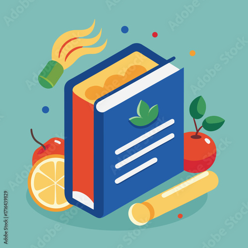 Charming vector illustration of a recipe book with culinary elements and ingredients