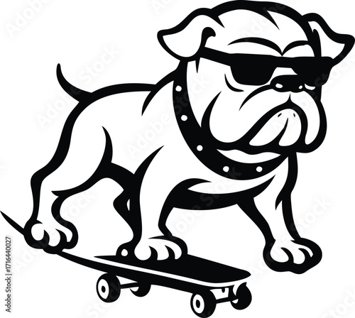 Cartoon bulldog wearing sunglasses and a studded collar riding a skateboard on a white background Keywords: bulldog, dog, skateboard, riding, sunglasses, cool, canine, pet, animal, cartoon