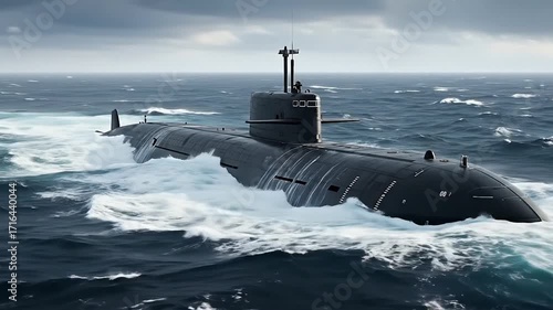 Modern Dark Submarine Navigating Rough Ocean Waves in Stormy Weather Under Cloudy Sky for Maritime Defense and Naval Strategy Concepts