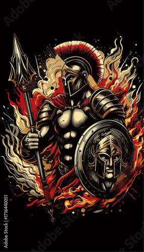 Ares, Greek god of war. Warrior in armor with spear and shield, surrounded by fire.