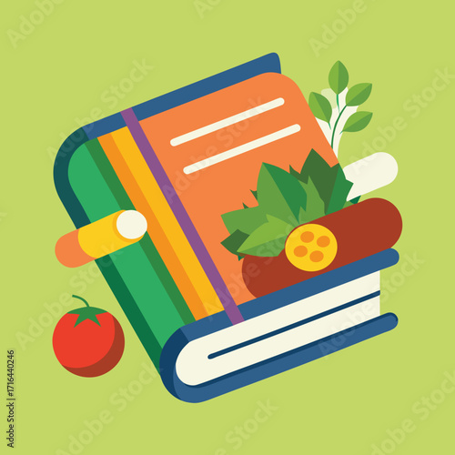 Charming vector illustration of a food recipe book with culinary elements and ingredients perfect for kitchen and cooking themes