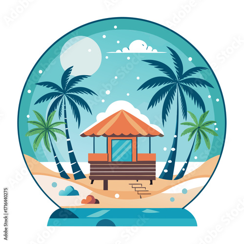 Creative Vector Snow Globe with Cozy Tropical Beach Hut, Palm Trees, Seashells, and Surfboard