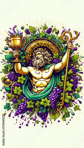 God Dionysius holding a golden chalice and scepter. Mythology art, symbol of celebration.