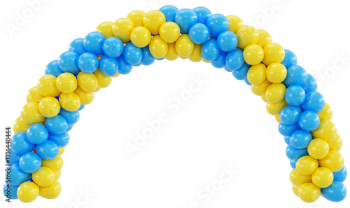 3D render balloon arch entrance. Yellow, blue Balloons in the Shape of an Arc, Gate, or Portal on a white background. 3d png illustration.