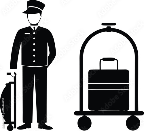 Bellhop with luggage cart and suitcase icon