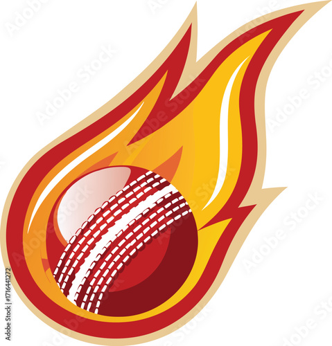 Red cricket ball on fire with yellow and orange flames on a white background Keywords: cricket ball, fire, flames, sport, game, cricket, ball, burning, hot, intense, dynamic, action, speed, power