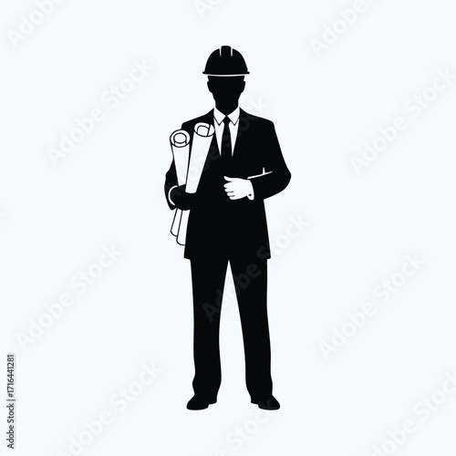 Silhouette of a professional engineer wearing a safety helmet and holding rolled architectural blueprints