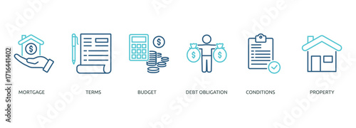 refinance outline color banner icon of mortgage, terms, budget, debt obligation, conditions, property