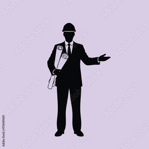 Silhouette of a professional engineer wearing a hard hat holding blueprints and gesturing with hand