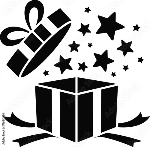 Open gift box releasing stars and confetti