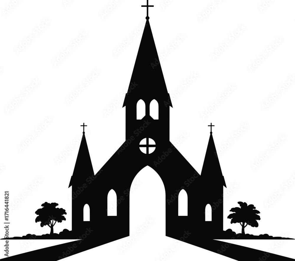Fototapeta premium Silhouette of a gothic church with steeple and trees